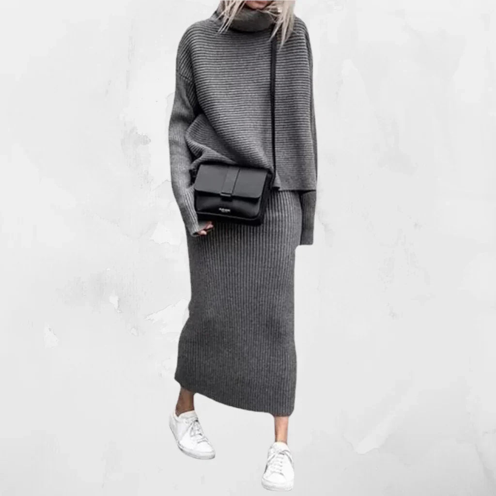 Damen - Rollkragen Strick Kombi Set - Dehnbare Stoff - Geripptes Design - Angenehm und Stylisch
