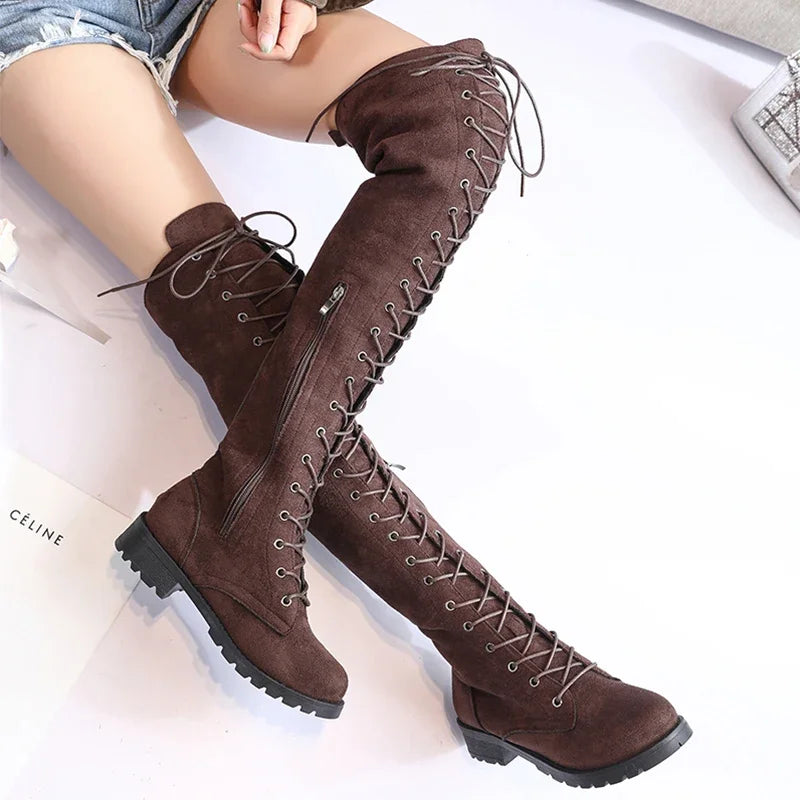 Damen - Über Knie Schnürstiefel - Wildleder - Modische und Bequeme Stiefel für jeden Anlass