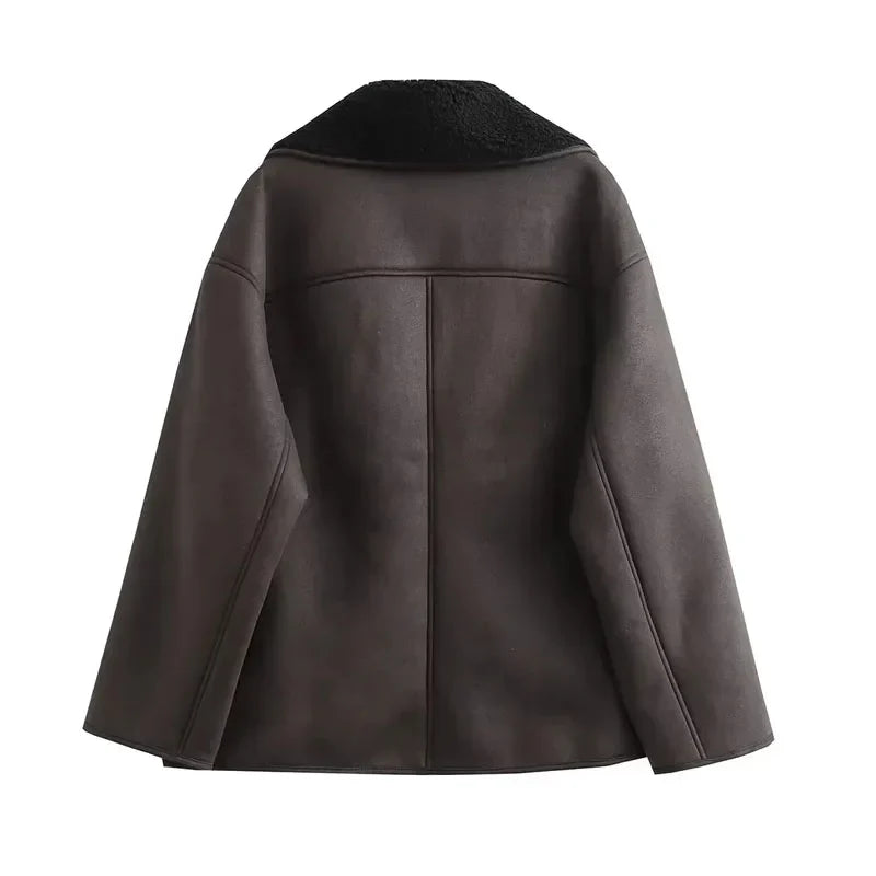 Damen - Winterjacke - Leder - Plüschfutter & breitem Kragen - Stylische und warme Mode für kalte Tage