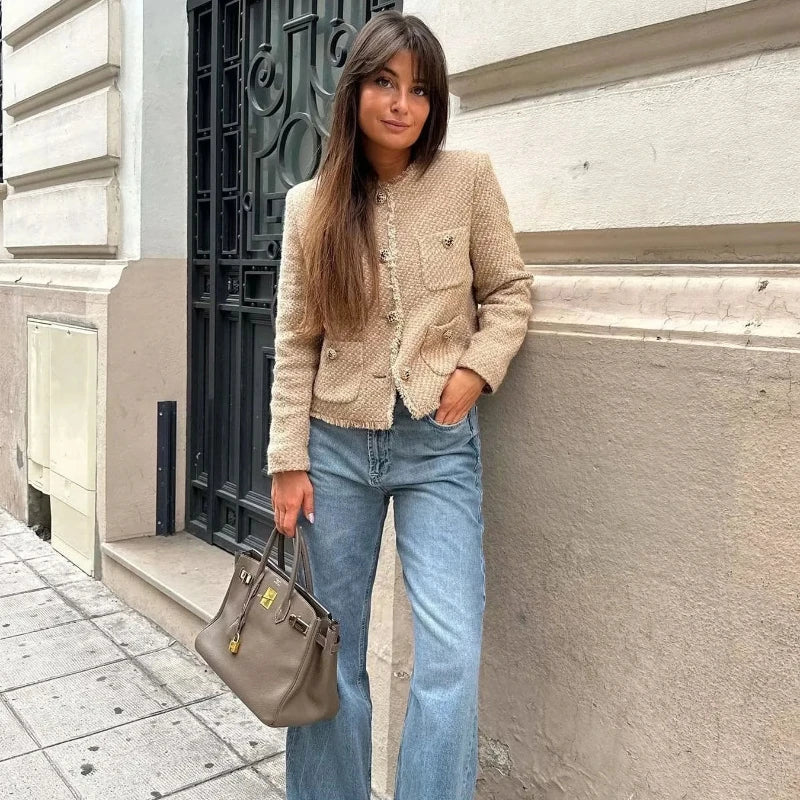 Damen - Gekürzte Tweedjacke - Eleganter Kurzmantel - Hochwertigem Material - Stilvolle Freizeitmode