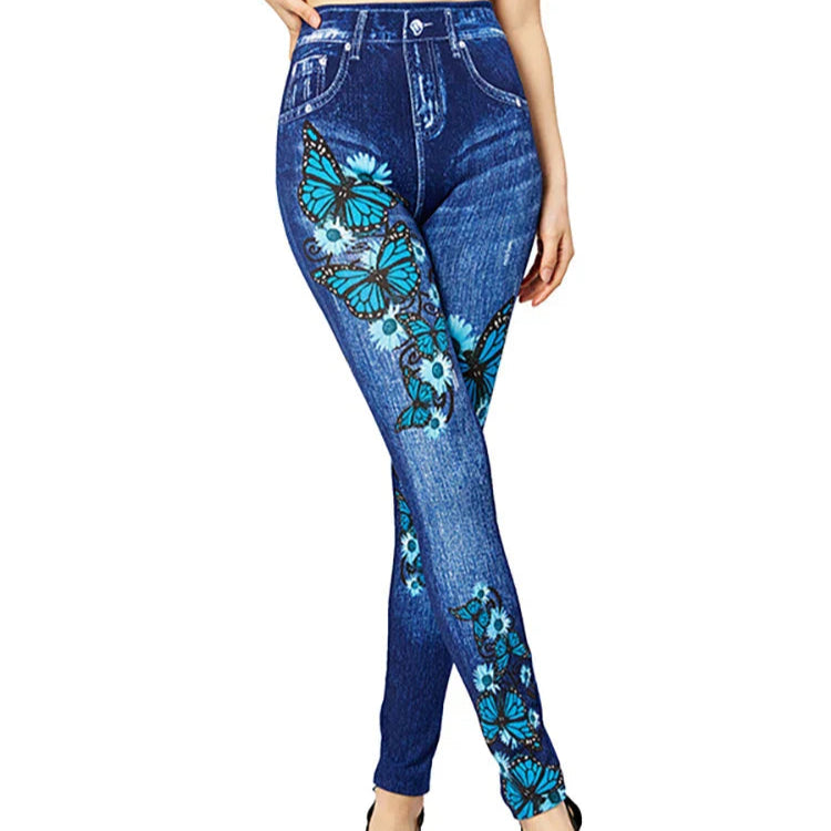 Damen - Jeggings mit hoher Taille - Schmetterlingsmuster - Bequem und stylisch für jeden Anlass