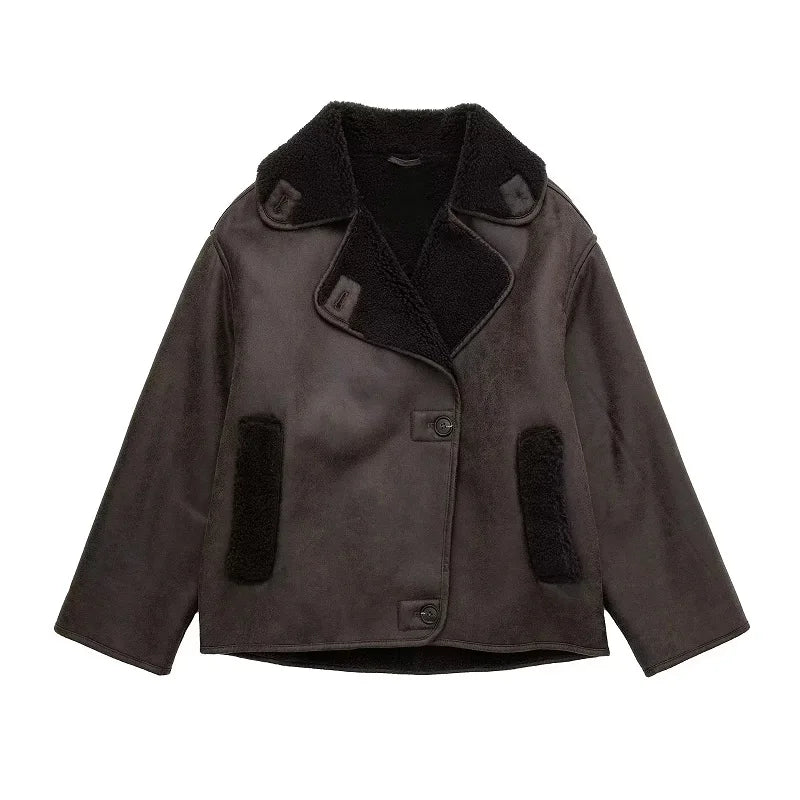 Damen - Winterjacke - Leder - Plüschfutter & breitem Kragen - Stylische und warme Mode für kalte Tage