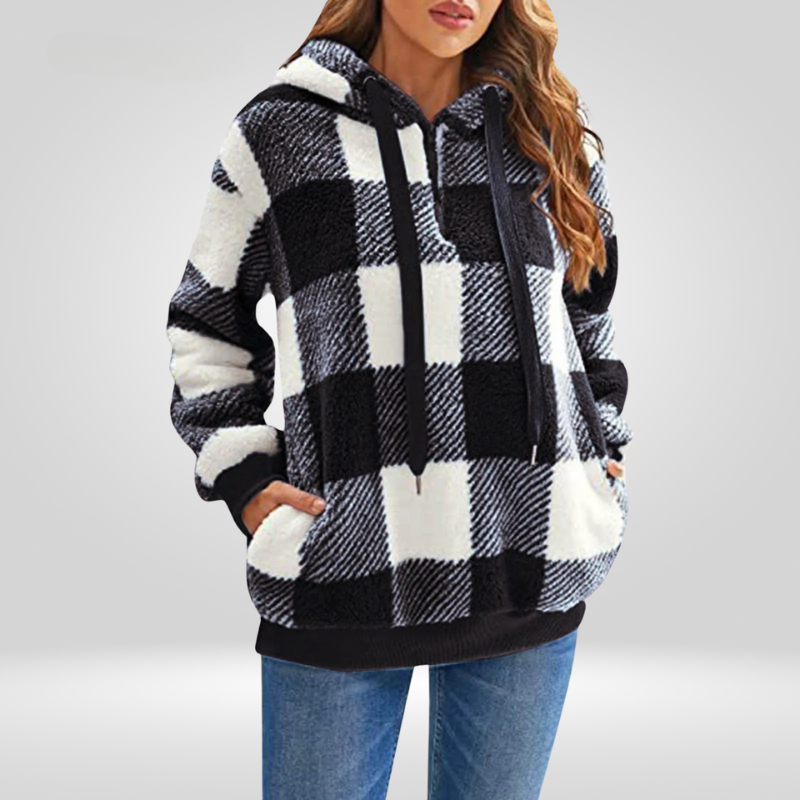 Damen - Kapuzenpullover - Weicher Strick - Halber Reißverschluss & Karomuster - Komfort und Stil