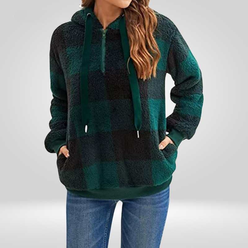 Damen - Kapuzenpullover - Weicher Strick - Halber Reißverschluss & Karomuster - Komfort und Stil