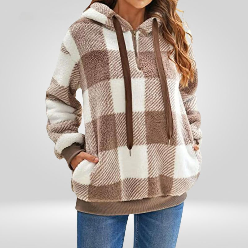 Damen - Kapuzenpullover - Weicher Strick - Halber Reißverschluss & Karomuster - Komfort und Stil