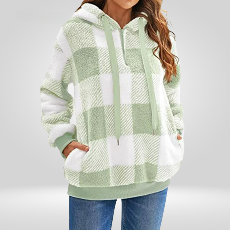 Damen - Kapuzenpullover - Weicher Strick - Halber Reißverschluss & Karomuster - Komfort und Stil