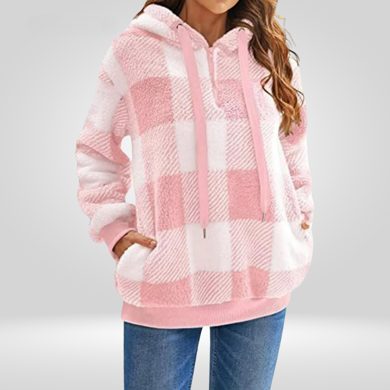 Damen - Kapuzenpullover - Weicher Strick - Halber Reißverschluss & Karomuster - Komfort und Stil