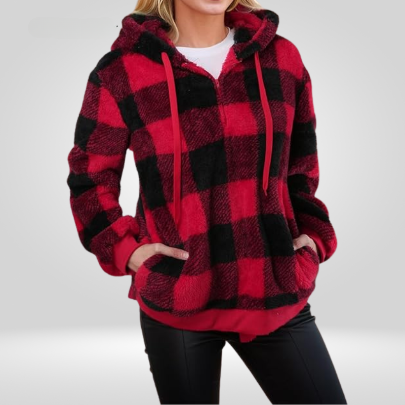 Damen - Kapuzenpullover - Weicher Strick - Halber Reißverschluss & Karomuster - Komfort und Stil