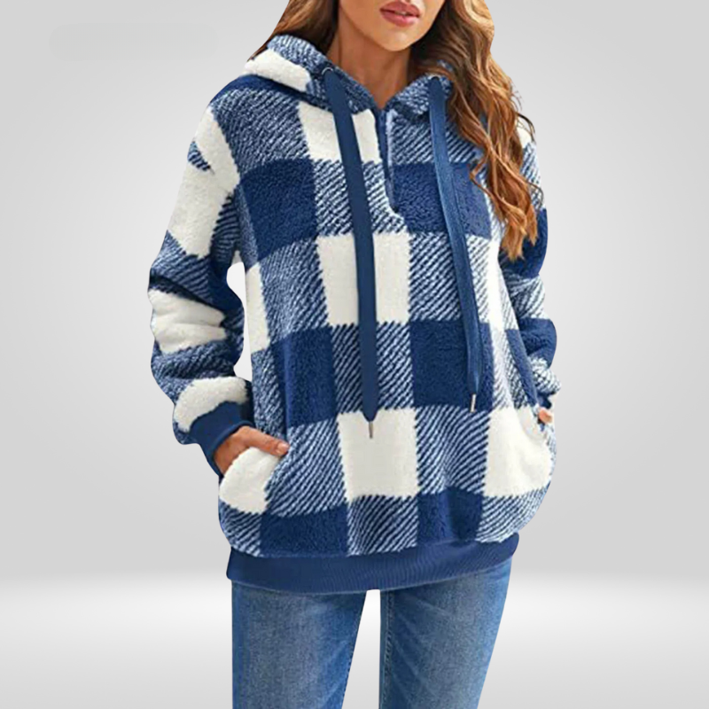 Damen - Kapuzenpullover - Weicher Strick - Halber Reißverschluss & Karomuster - Komfort und Stil