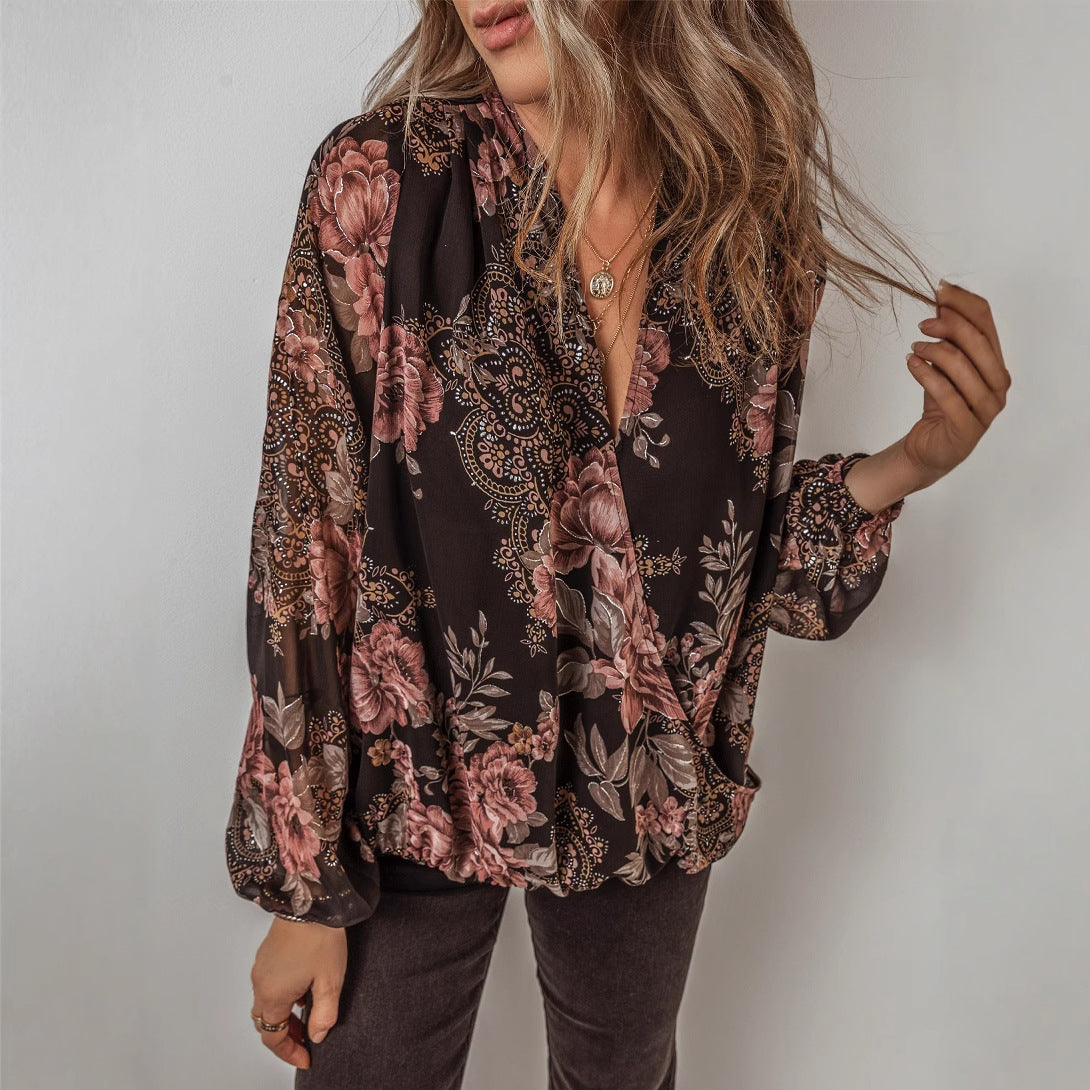 Damen - Bluse - Polyester-Chiffon - V-Ausschnitt, lange Ärmel, Blümchenmuster - Ideal für den Frühling