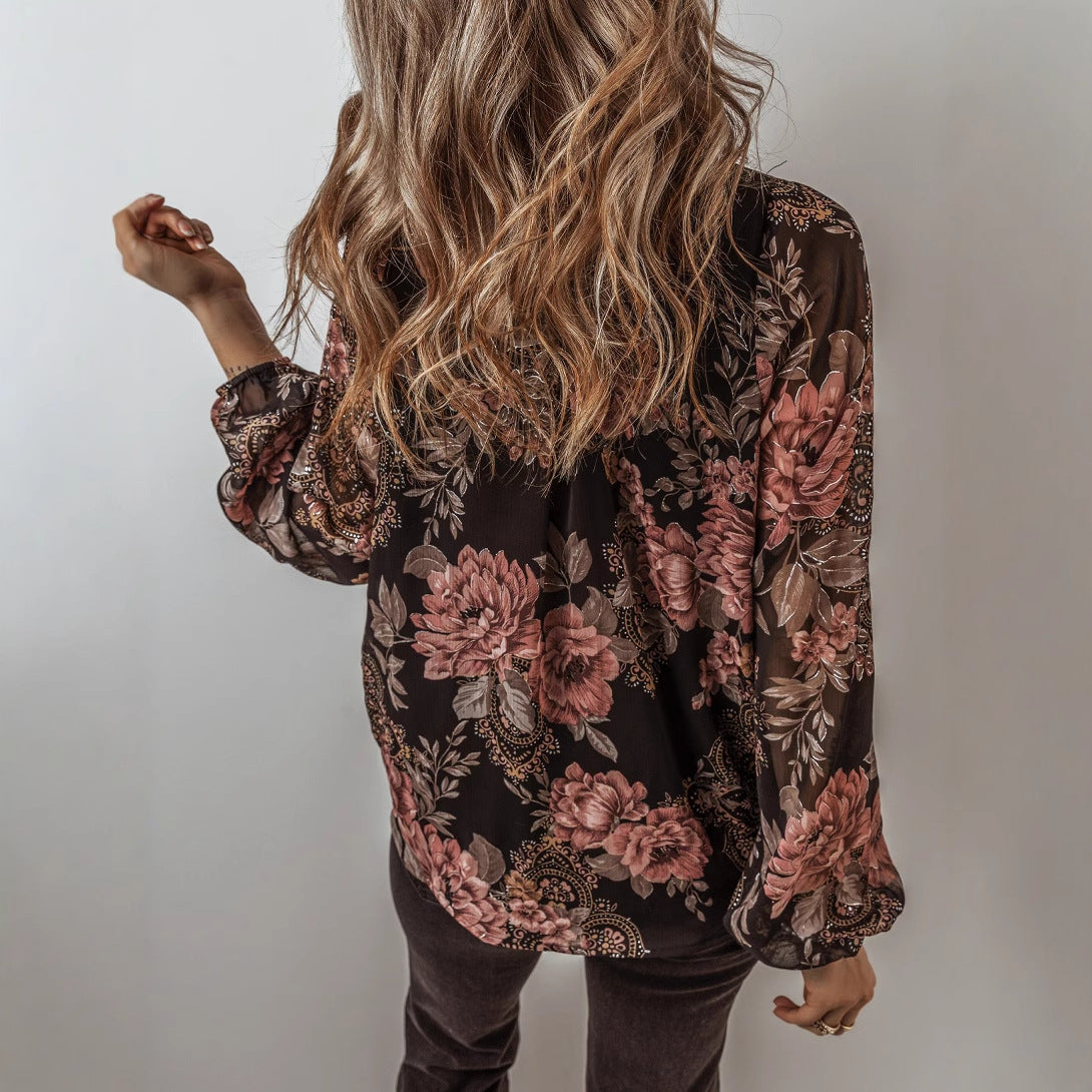 Damen - Bluse - Polyester-Chiffon - V-Ausschnitt, lange Ärmel, Blümchenmuster - Ideal für den Frühling