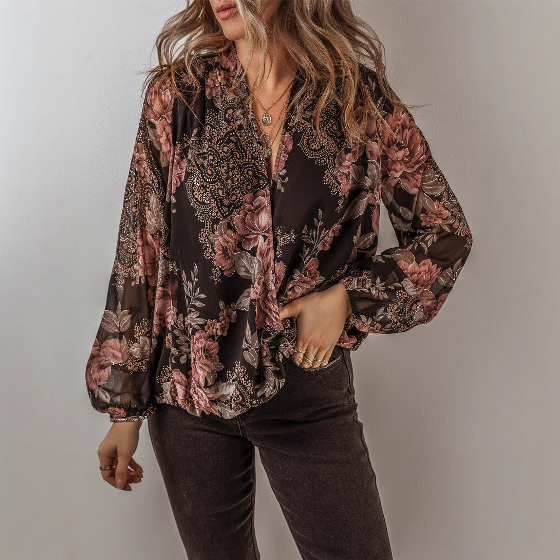 Damen - Bluse - Polyester-Chiffon - V-Ausschnitt, lange Ärmel, Blümchenmuster - Ideal für den Frühling