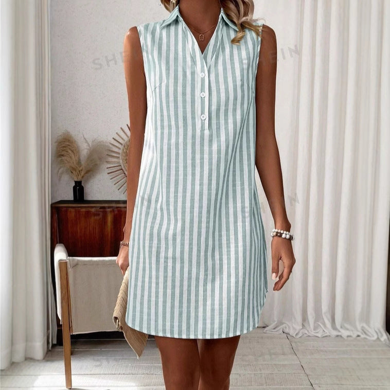 Damen - Gestreiftes ärmelloses Hemdkleid - Baumwoll Mischgewebe - Leichter, luftiger Casual Style für den Sommer