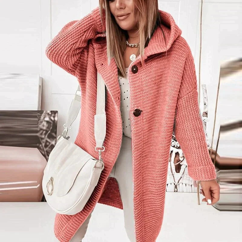 Damen - Lange Strickjacke - Kapuze - Knopfleiste - Bequeme und stilvolle Freizeitmode