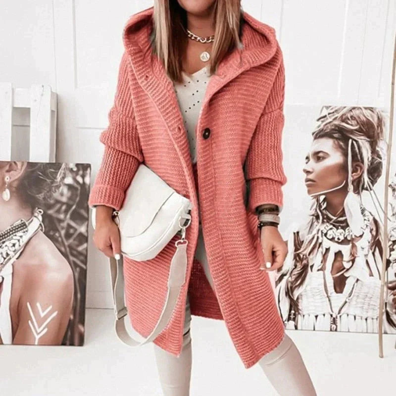 Damen - Lange Strickjacke - Kapuze - Knopfleiste - Bequeme und stilvolle Freizeitmode