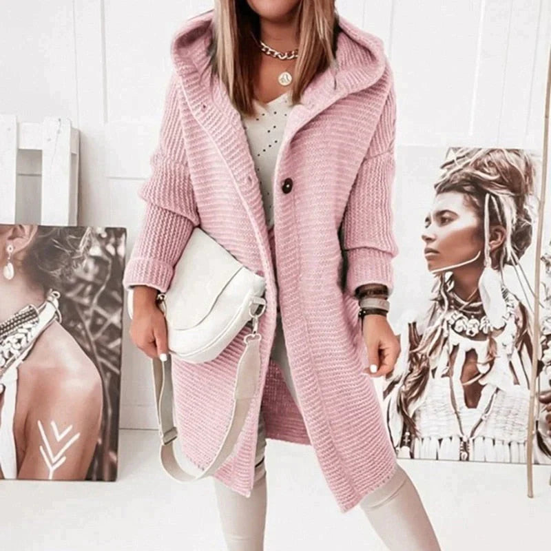 Damen - Lange Strickjacke - Kapuze - Knopfleiste - Bequeme und stilvolle Freizeitmode