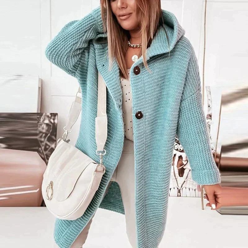 Damen - Lange Strickjacke - Kapuze - Knopfleiste - Bequeme und stilvolle Freizeitmode