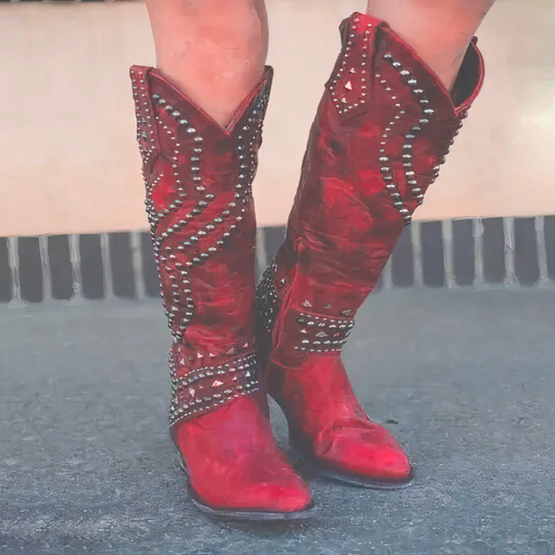 Damen - Cowboystiefel - Kniehohe - Vintage Design mit Nieten - Stylische Westernstiefel für jeden Anlass