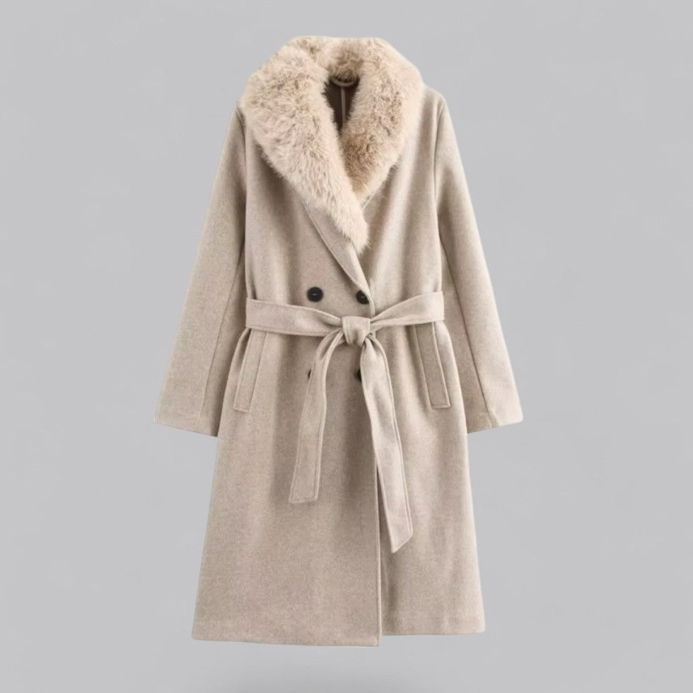 Damen - Beigefarbener Trenchcoat - Kunstpelz - Stilvoller Übergangsmantel für jedes Wetter
