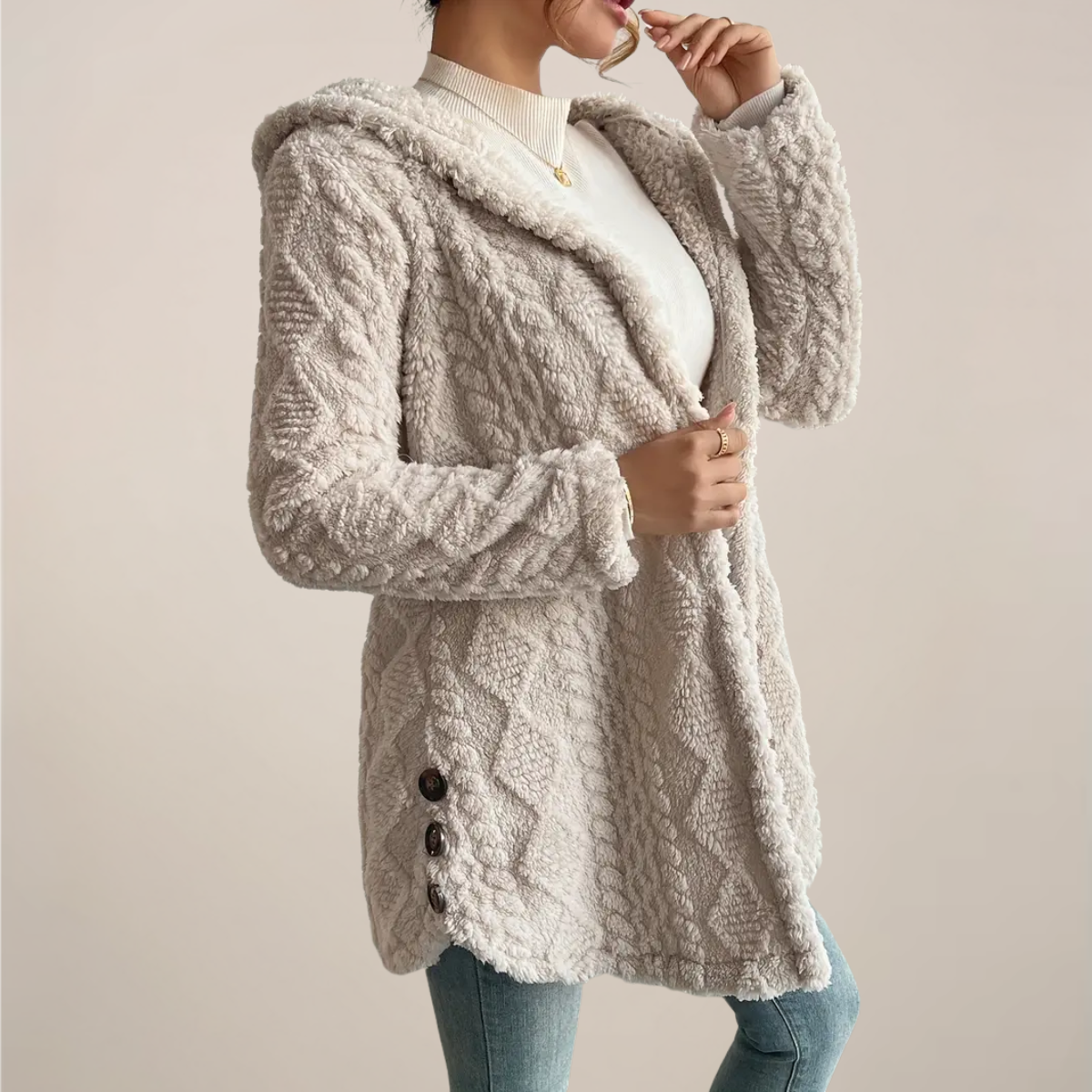 Damen - Jacquard Plüschmantel - Kapuze - Gemütliche Strickjacke für kalte Tage