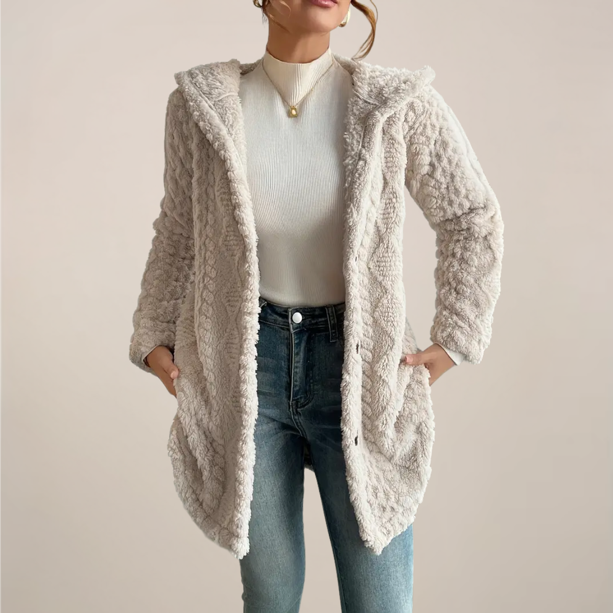 Damen - Jacquard Plüschmantel - Kapuze - Gemütliche Strickjacke für kalte Tage