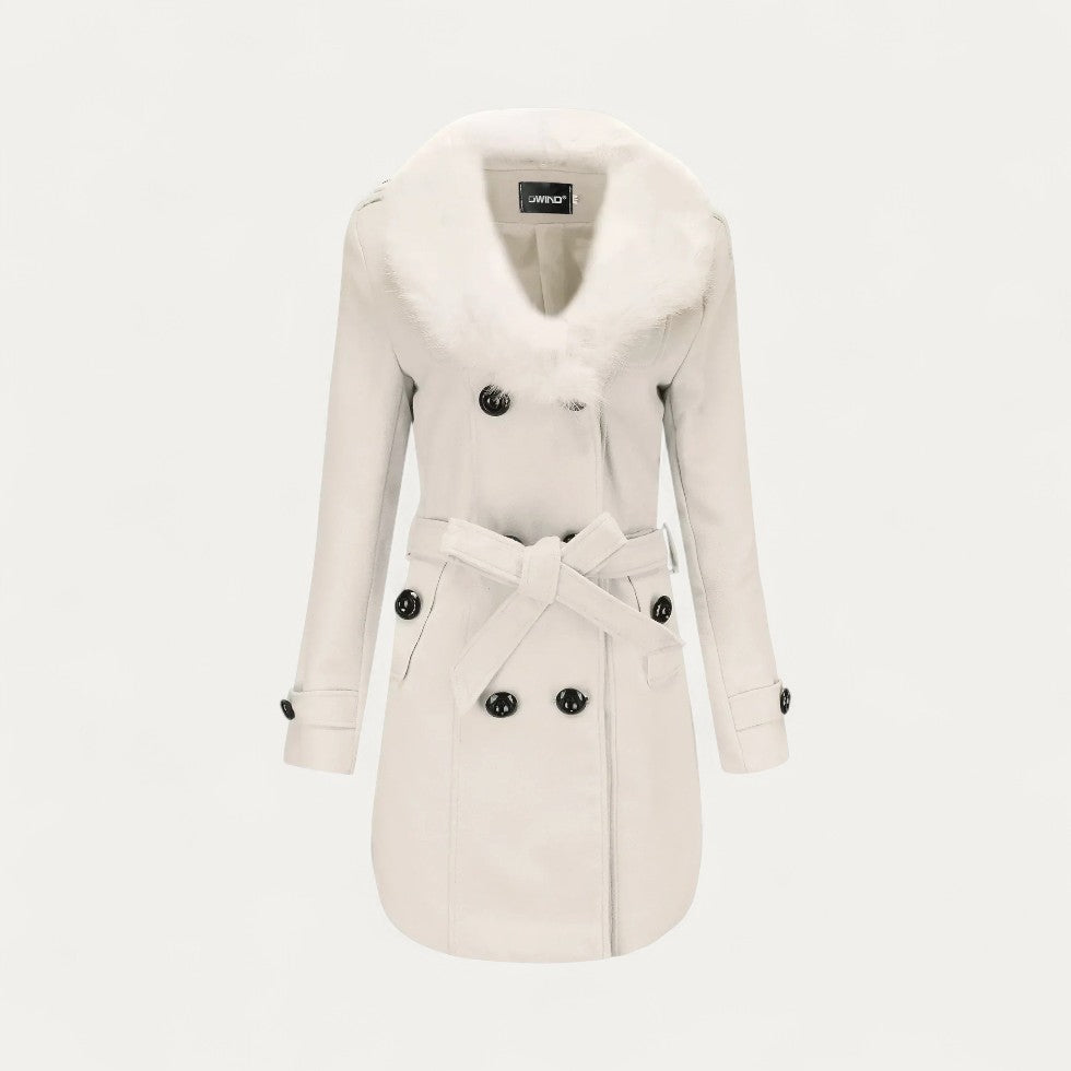 Damen - Zweireihiger Trenchcoat - Kunstpelzkragen - Stilvoller Übergangs-Mantel für jeden Anlass