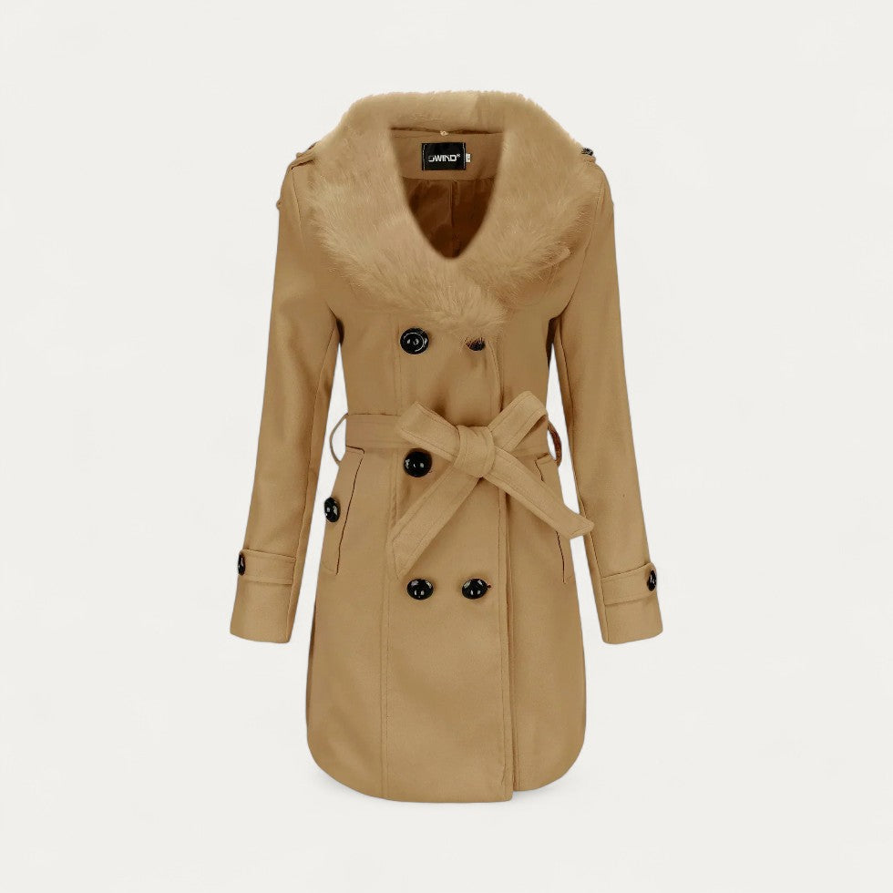Damen - Zweireihiger Trenchcoat - Kunstpelzkragen - Stilvoller Übergangs-Mantel für jeden Anlass