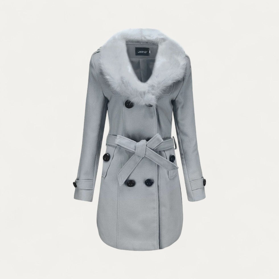 Damen - Zweireihiger Trenchcoat - Kunstpelzkragen - Stilvoller Übergangs-Mantel für jeden Anlass