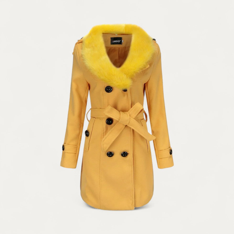 Damen - Zweireihiger Trenchcoat - Kunstpelzkragen - Stilvoller Übergangs-Mantel für jeden Anlass