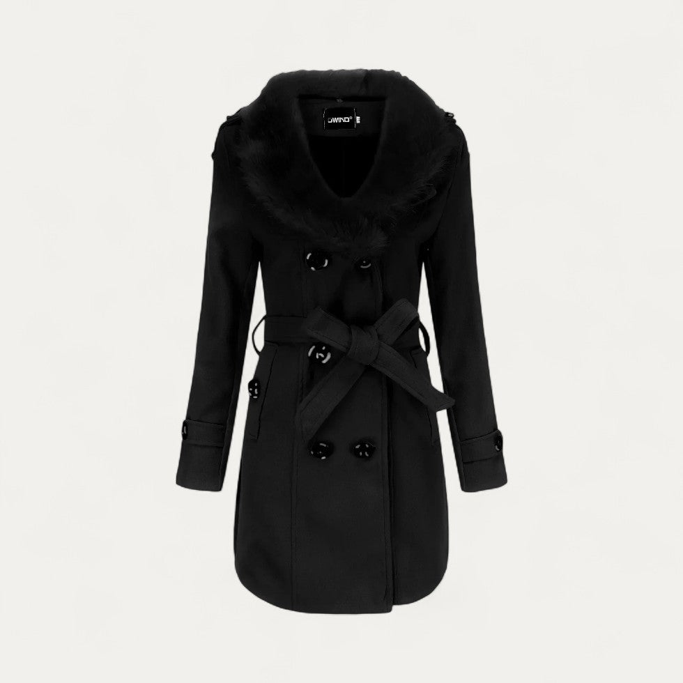 Damen - Zweireihiger Trenchcoat - Kunstpelzkragen - Stilvoller Übergangs-Mantel für jeden Anlass