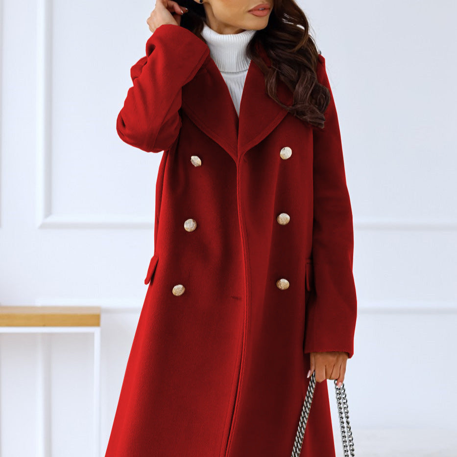 Damen - Zweireihiger langer Mantel - Warmer Winterstil - Eleganter Look für kalte Tage