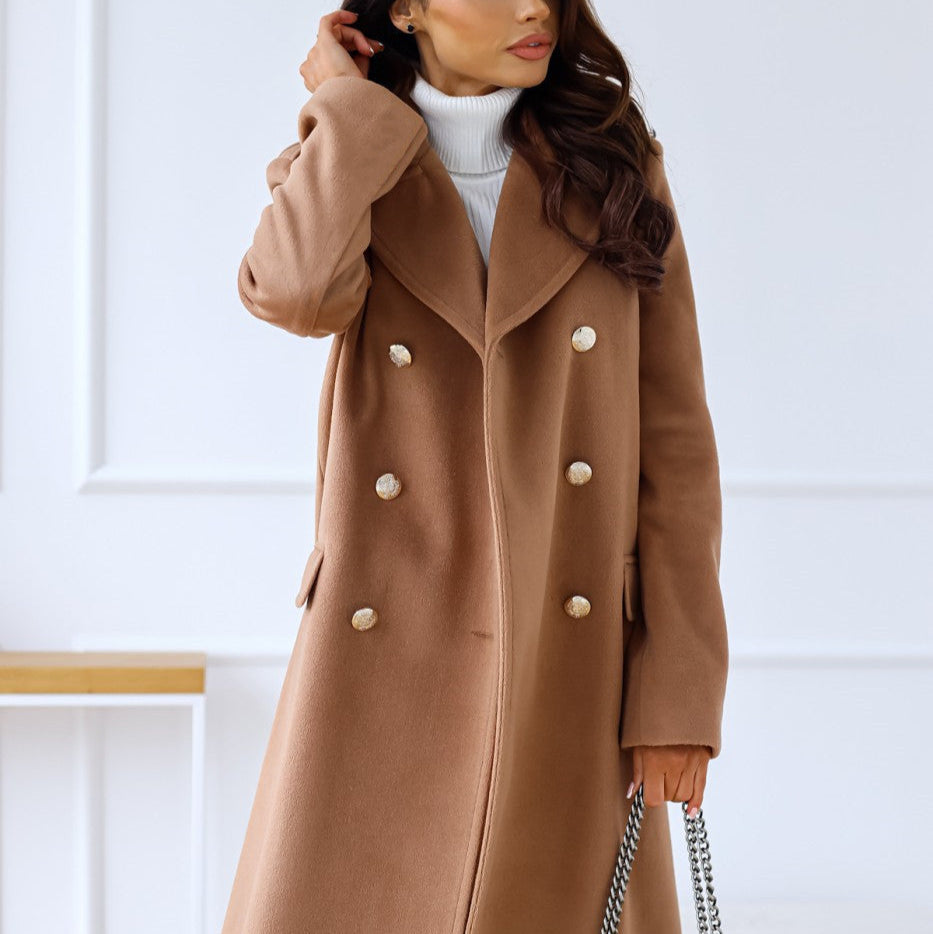 Damen - Zweireihiger langer Mantel - Warmer Winterstil - Eleganter Look für kalte Tage