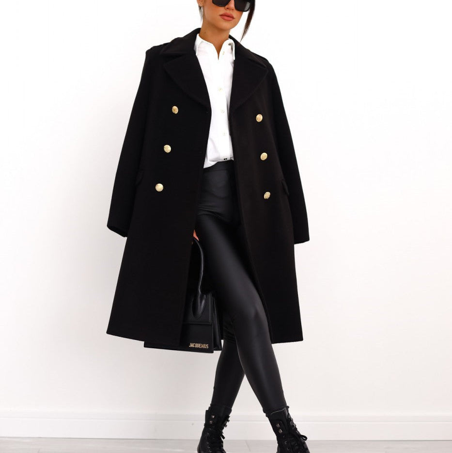 Damen - Zweireihiger langer Mantel - Warmer Winterstil - Eleganter Look für kalte Tage
