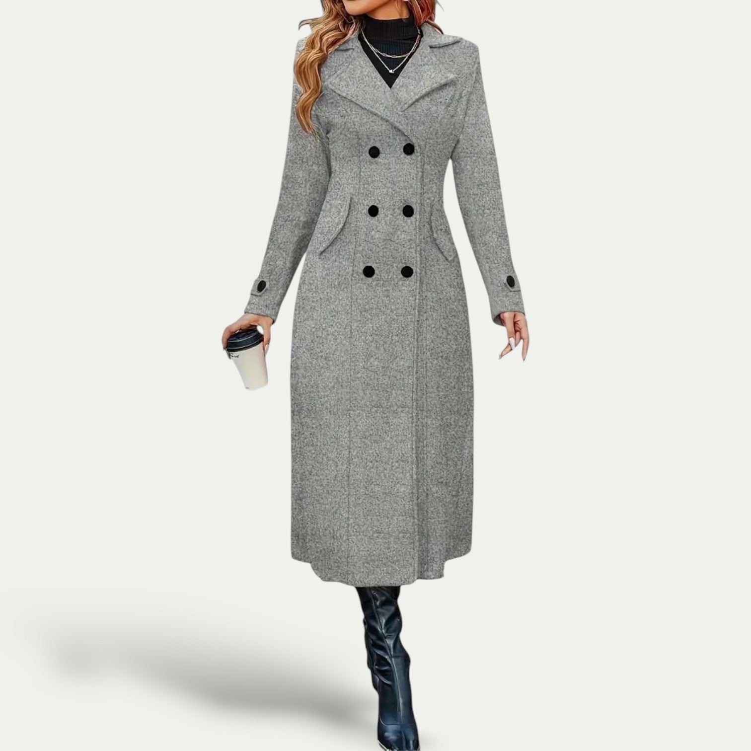 Damen - Langer Wintermantel - Zweireiher - Stilvoller, warmer Mantel für kalte Tage