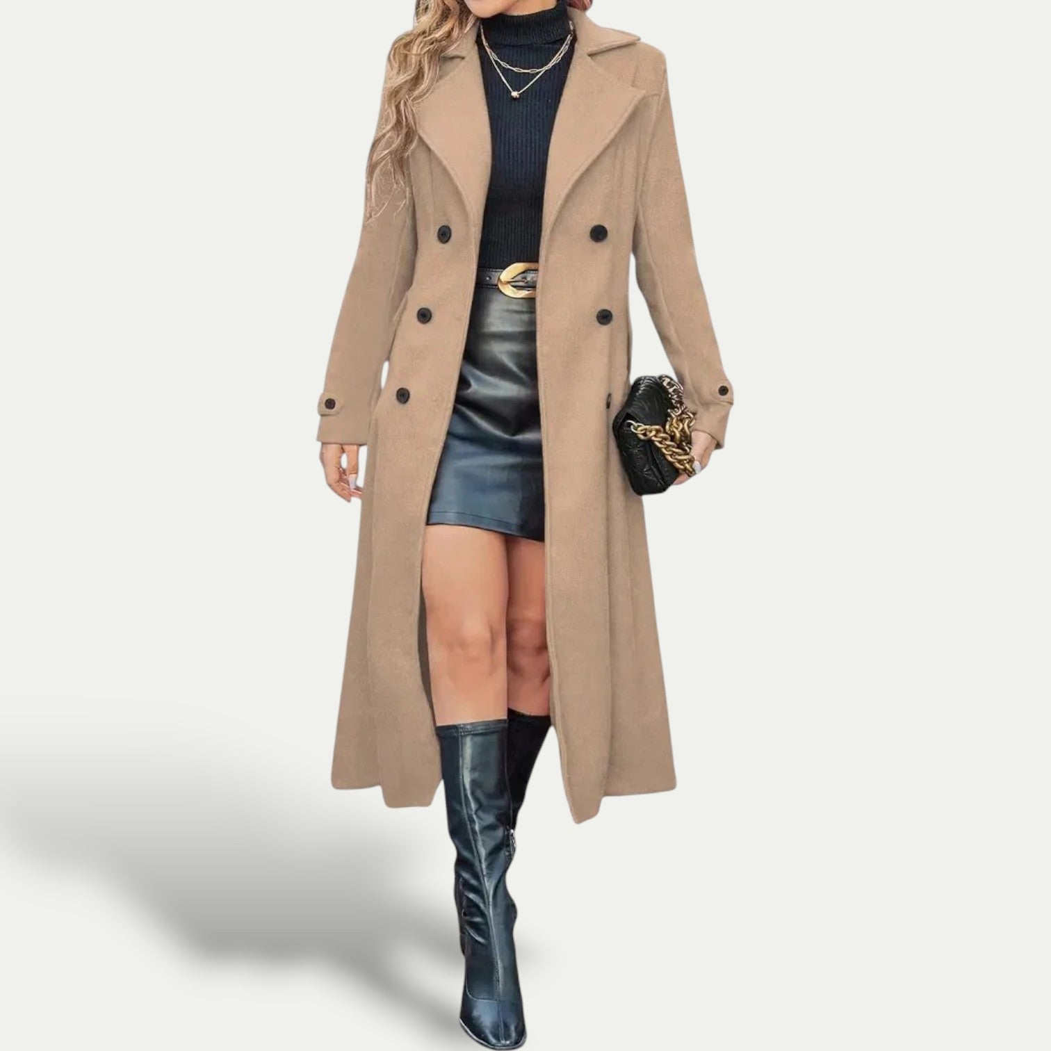 Damen - Langer Wintermantel - Zweireiher - Stilvoller, warmer Mantel für kalte Tage