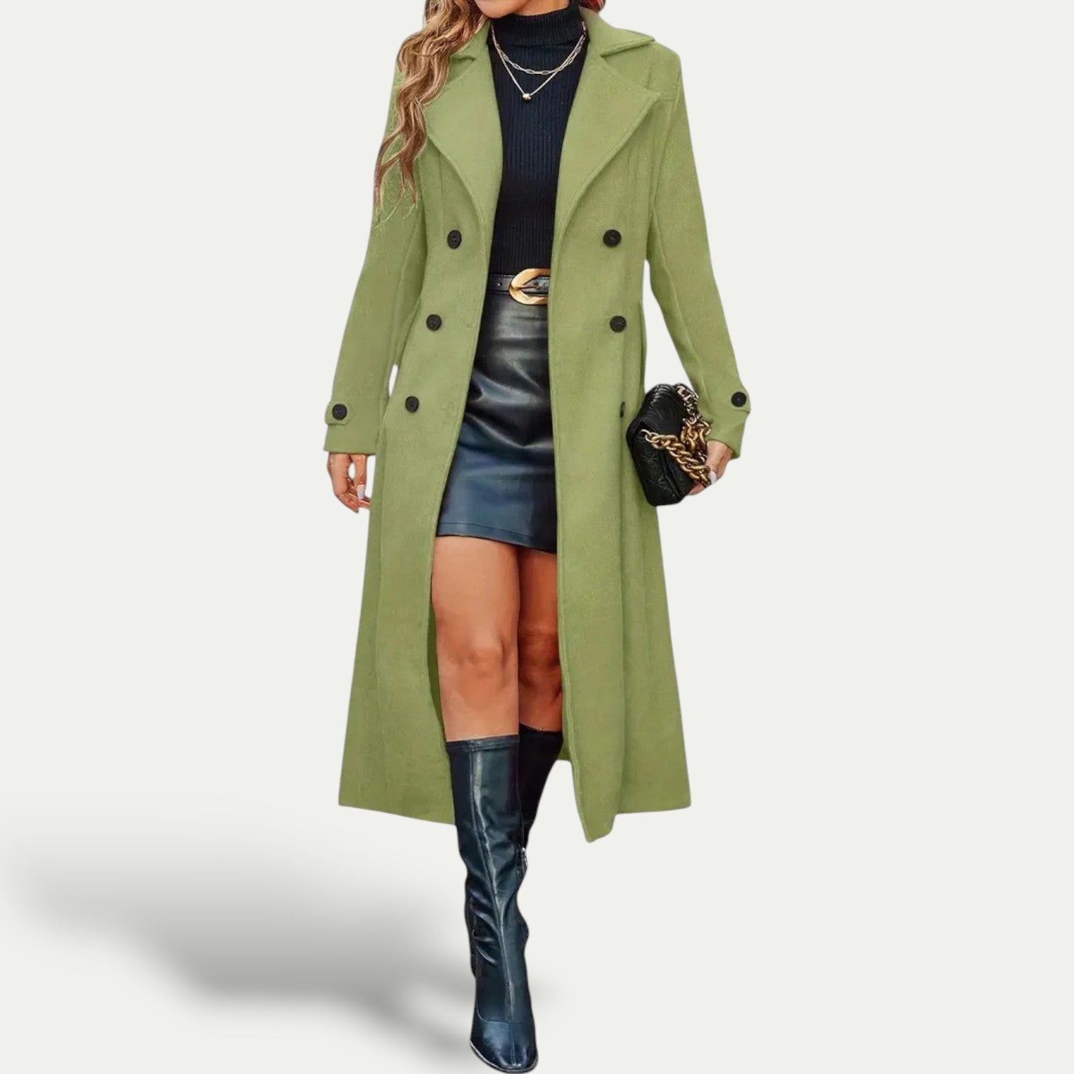 Damen - Langer Wintermantel - Zweireiher - Stilvoller, warmer Mantel für kalte Tage