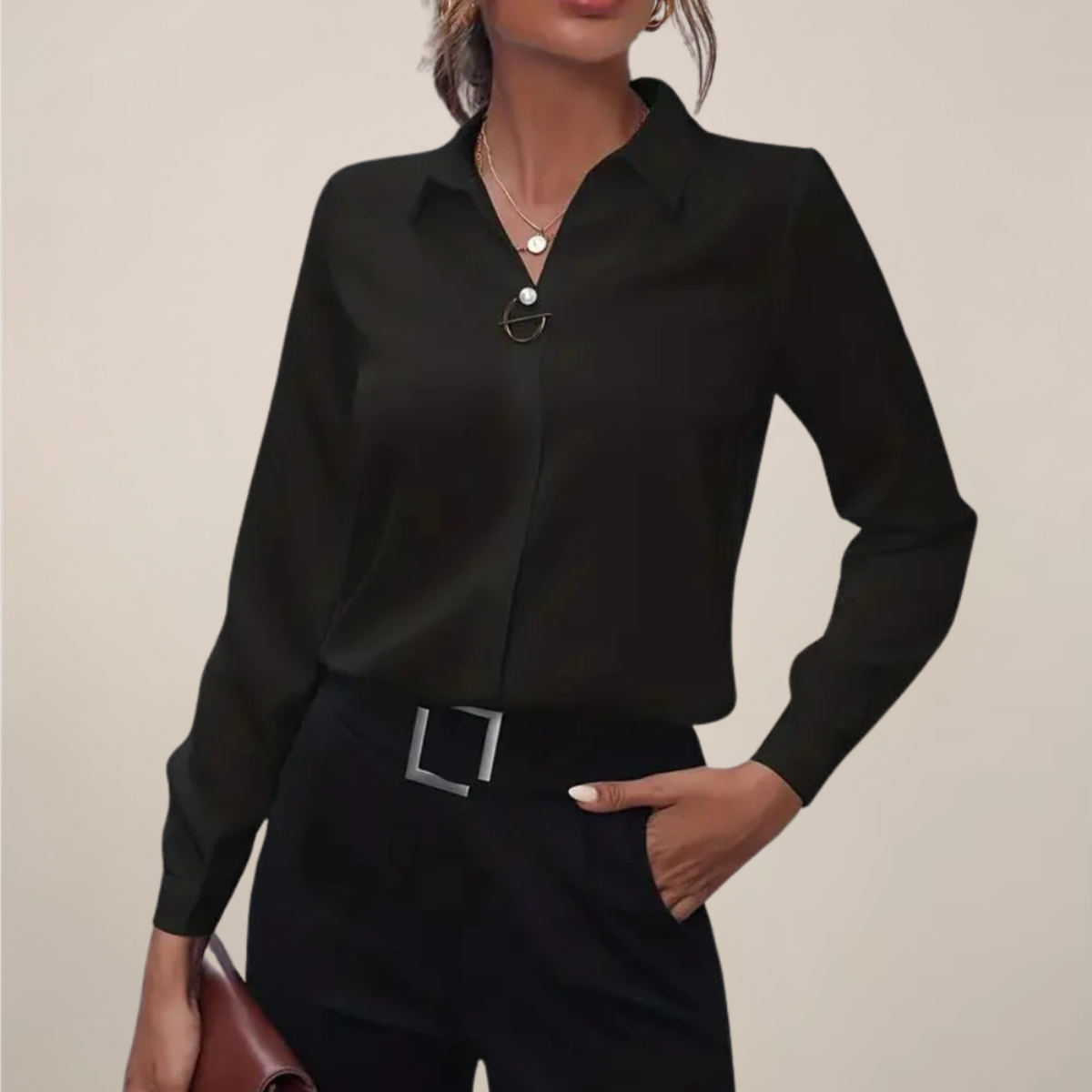 Damen - Langarmbluse - Kragen - Unifarbenes Design - Elegante Bluse für jeden Anlass