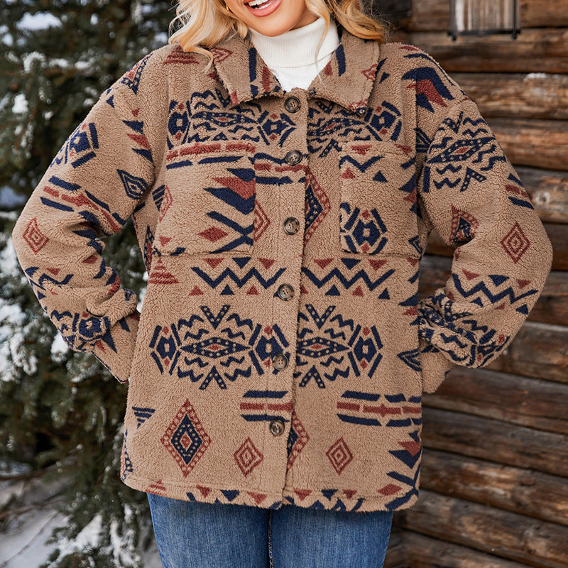 Damen - Übergroße Plüschjacke - Geometrisches Muster - Weich und Bequem