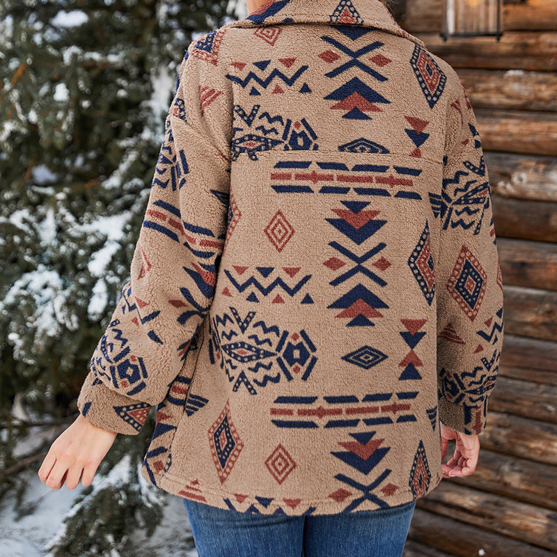 Damen - Übergroße Plüschjacke - Geometrisches Muster - Weich und Bequem
