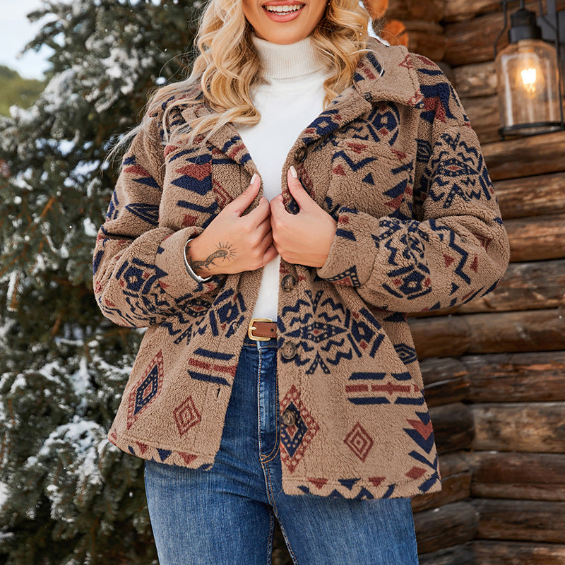 Damen - Übergroße Plüschjacke - Geometrisches Muster - Weich und Bequem