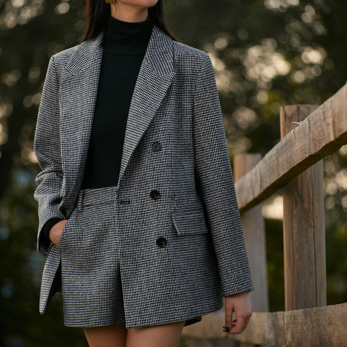 Damen - Tweed-Blazer - Zweireihig mit Hahnentrittmuster - Eleganter Style für jede Gelegenheit