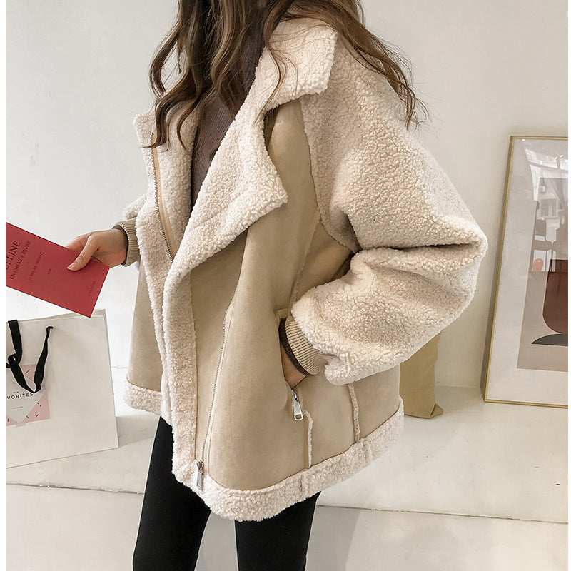 Damen - Übergroße Jacke - Reißverschluss aus Wildleder - Kuscheliger Teddy-Look für stilvolle Wärme