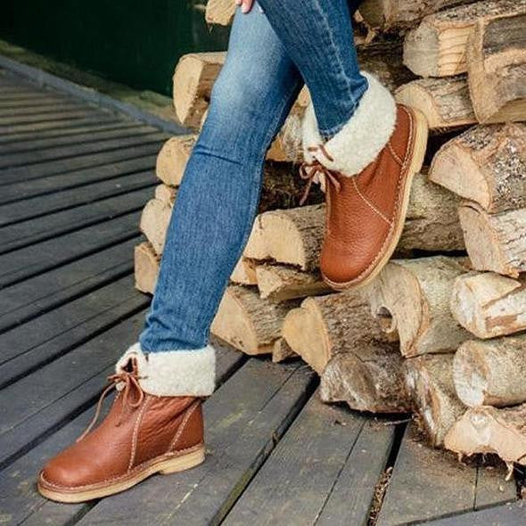 Damen - Mit Shearling gefütterte Stiefelette - Leder - Faltbare Manschette - Stilvolle und Bequeme Boots