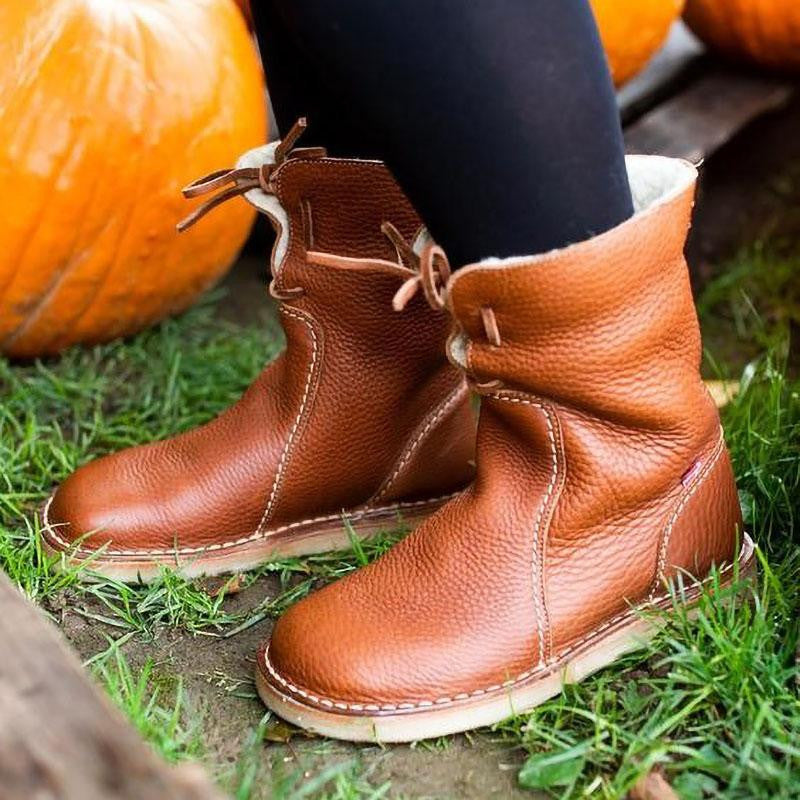 Damen - Mit Shearling gefütterte Stiefelette - Leder - Faltbare Manschette - Stilvolle und Bequeme Boots
