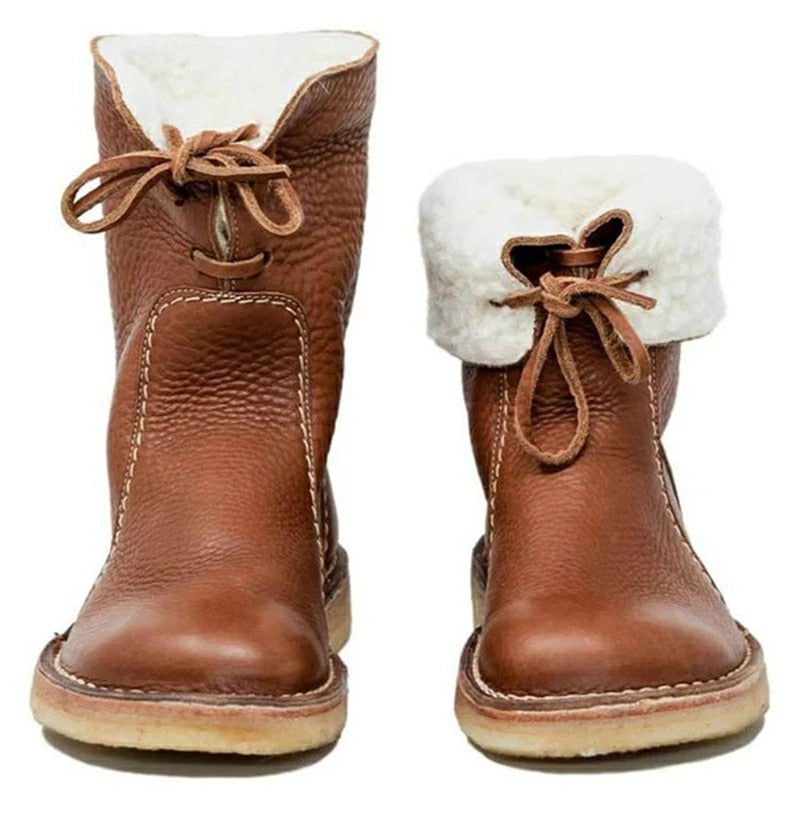 Damen - Mit Shearling gefütterte Stiefelette - Leder - Faltbare Manschette - Stilvolle und Bequeme Boots