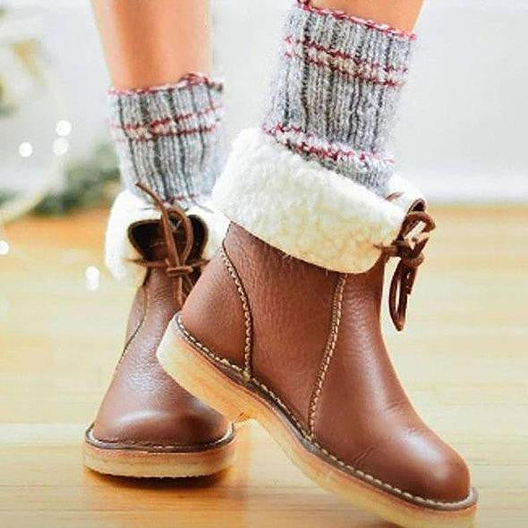 Damen - Mit Shearling gefütterte Stiefelette - Leder - Faltbare Manschette - Stilvolle und Bequeme Boots