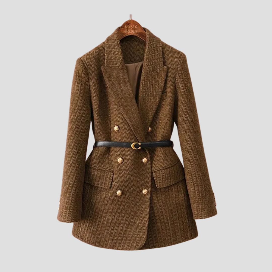 Damen - Tweed Blazermantel - Zweireihig mit Gürtel - Eleganter Stil für jede Gelegenheit