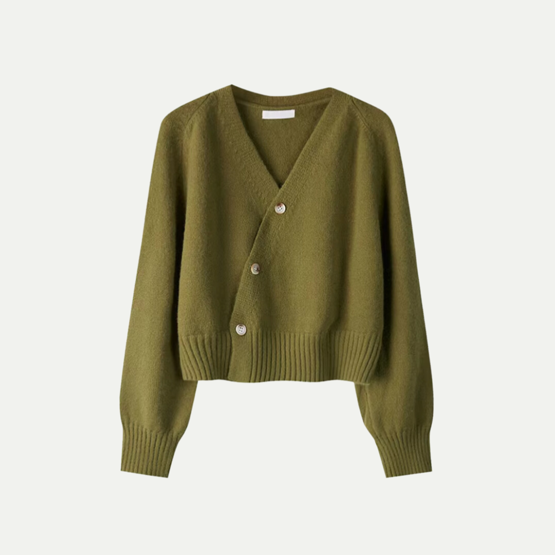 Damen - Strickjacke - V-Ausschnitt und Knopfleiste - Modischer asymmetrischer Strickstil für jeden Anlass