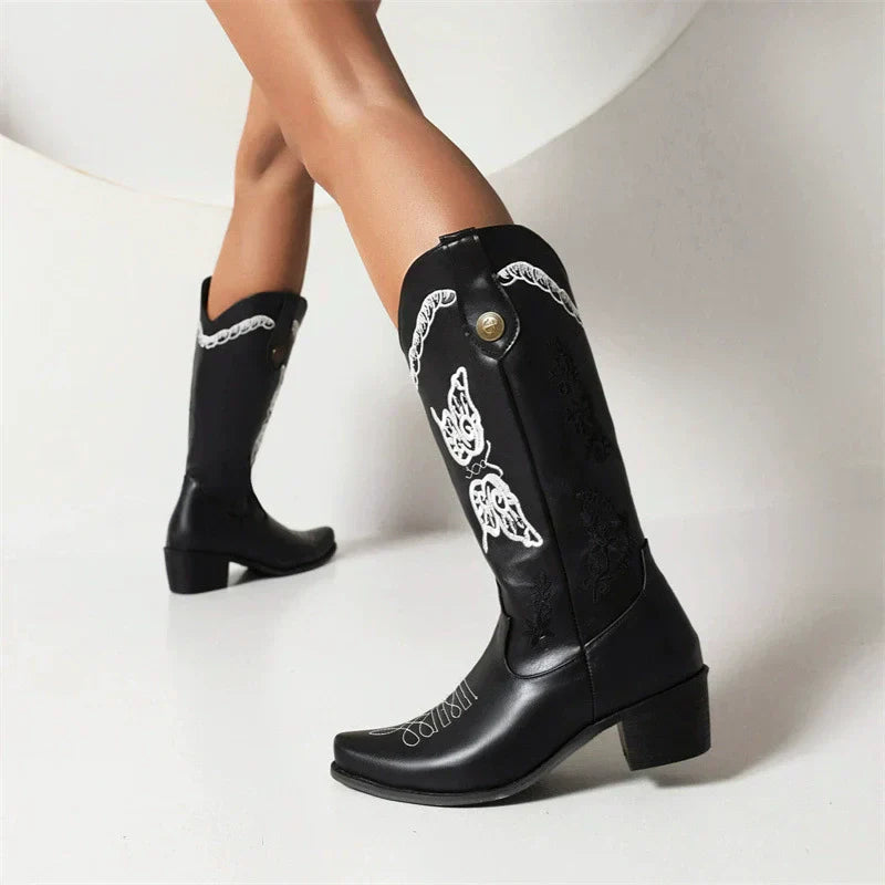 Damen - Bestickte Westernstiefel - Leder - Halbhoher Schaft für Stil und Komfort