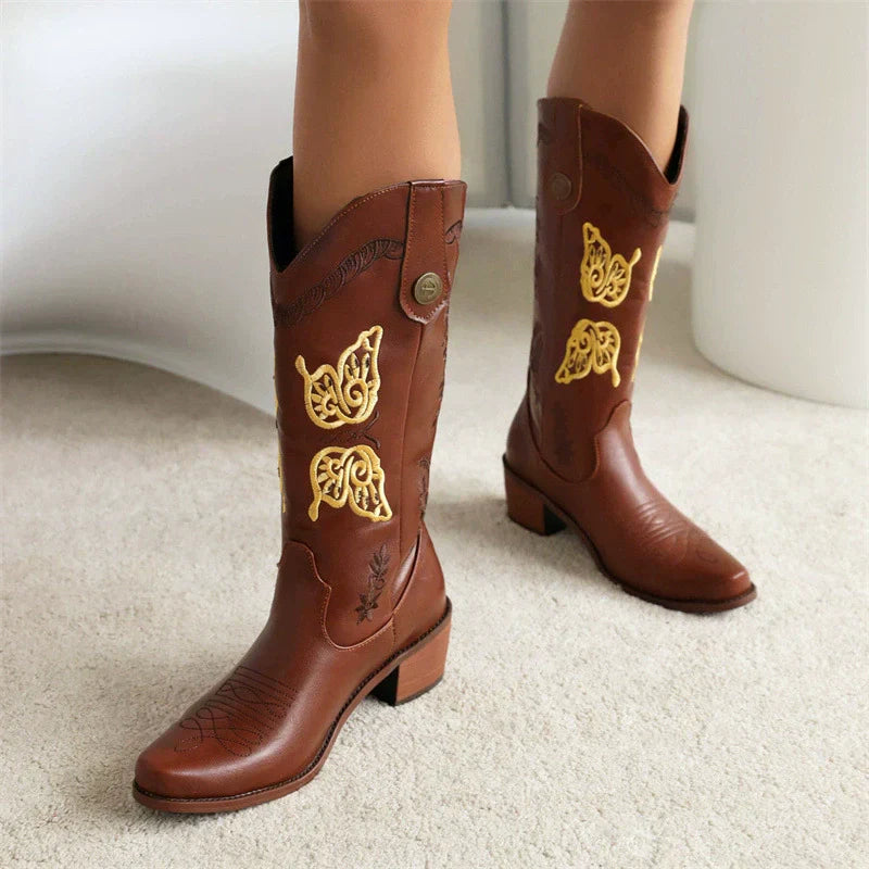 Damen - Bestickte Westernstiefel - Leder - Halbhoher Schaft für Stil und Komfort